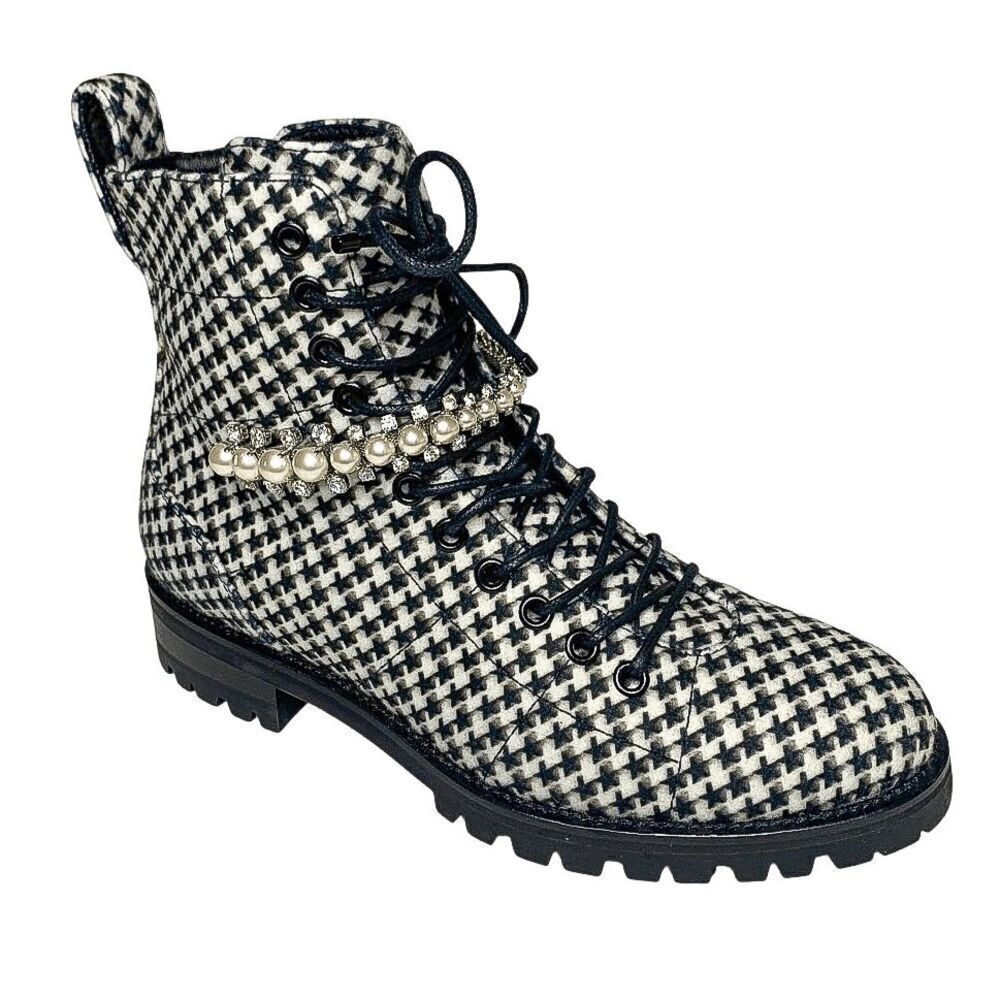 Jimmy Choo Cruz Black White Houndstooth Embellished Combat Lace-Up Boots EU 37